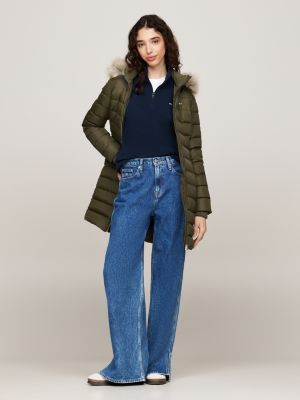 green faux fur trim hooded down coat for women tommy jeans