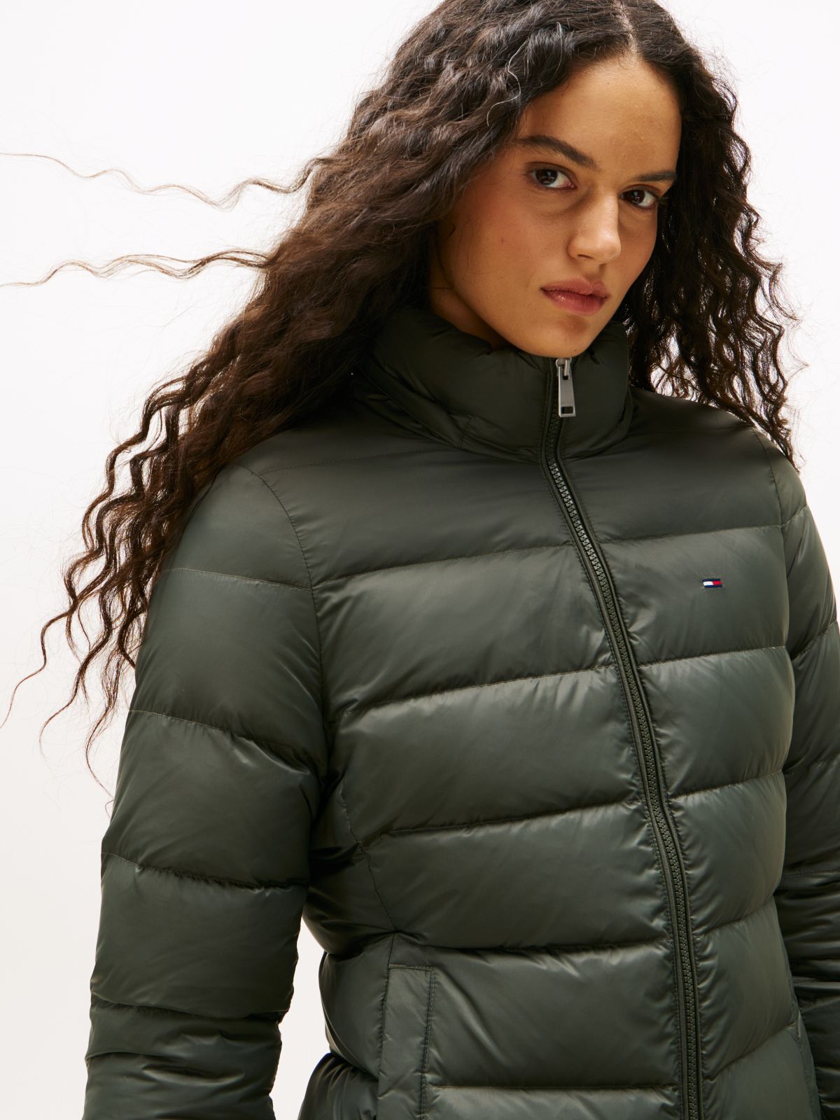 Slim Shiny Down Hooded Coat — Green