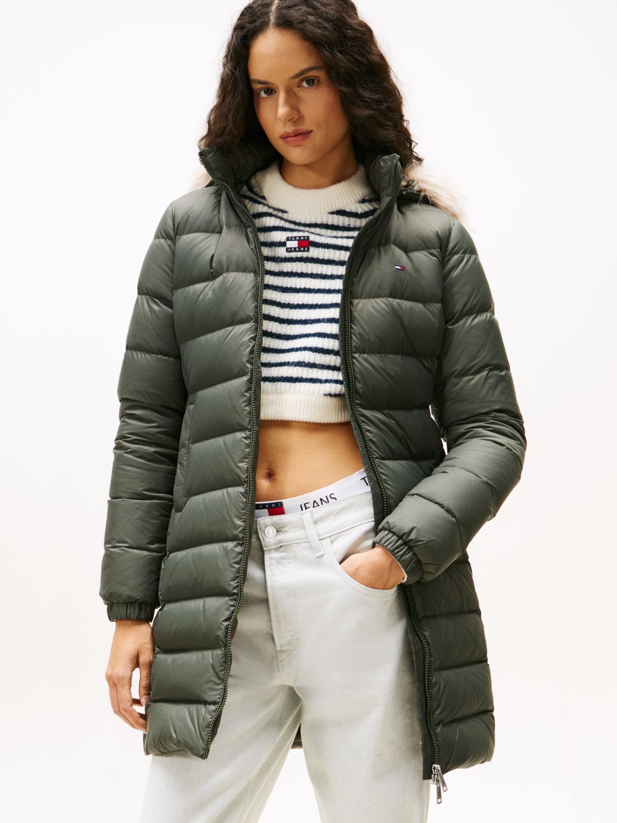 Slim Shiny Down Hooded Coat — Green