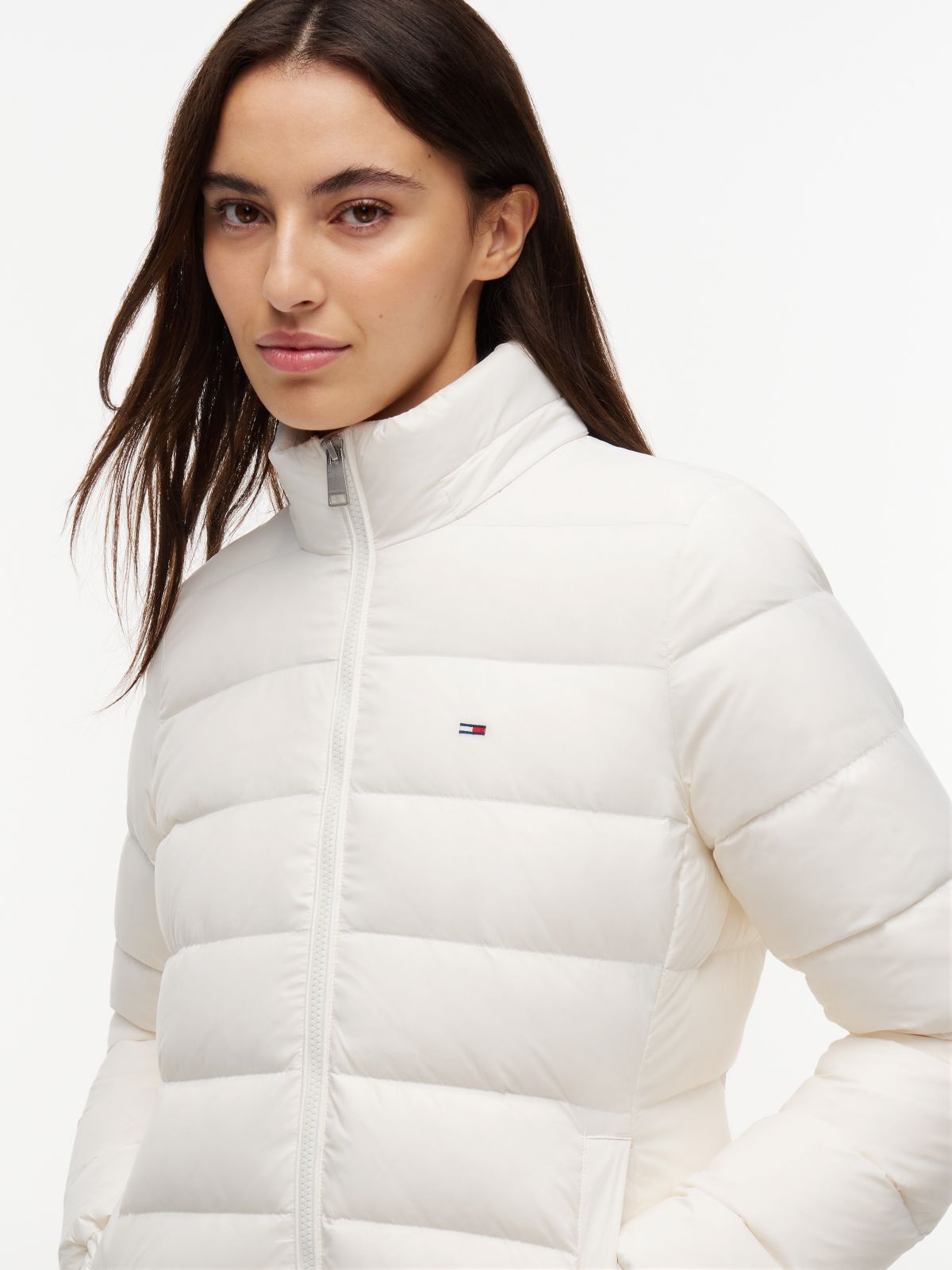 Slim Shiny Down Hooded Coat — White