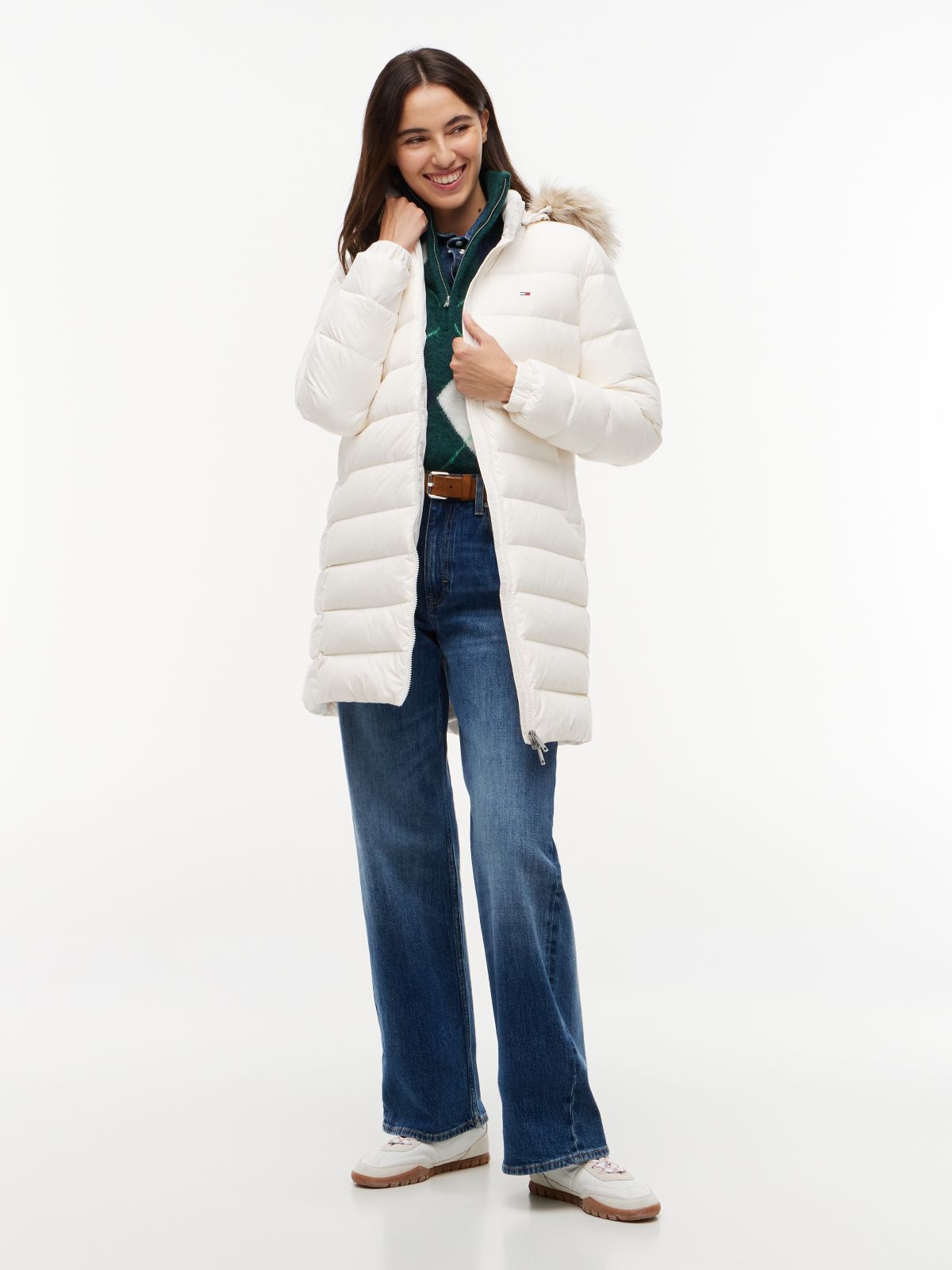 Slim Shiny Down Hooded Coat — White
