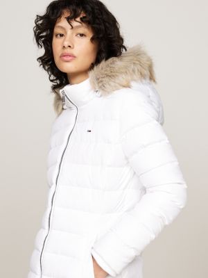 white faux fur trim hooded down coat for women tommy jeans