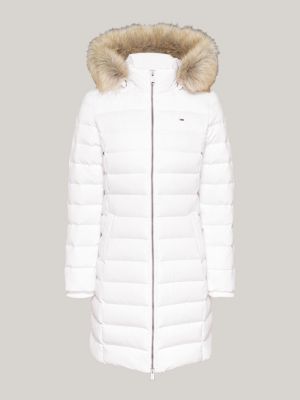 white faux fur trim hooded down coat for women tommy jeans