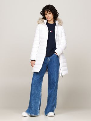 white faux fur trim hooded down coat for women tommy jeans