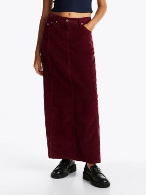 red fine corduroy straight maxi skirt for women tommy jeans