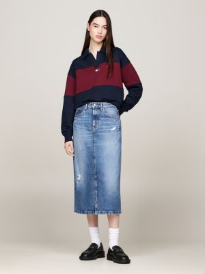 blue distressed faded denim midi skirt for women tommy jeans