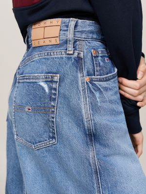 blue distressed faded denim midi skirt for women tommy jeans