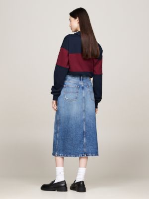 blue distressed faded denim midi skirt for women tommy jeans