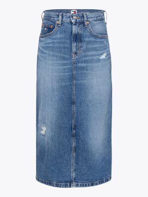 blue distressed faded denim midi skirt for women tommy jeans