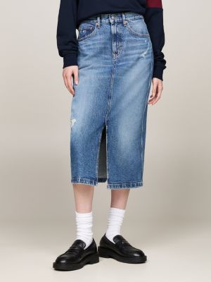 blue distressed faded denim midi skirt for women tommy jeans