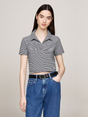 grey cropped v-neck slim polo shirt for women tommy jeans