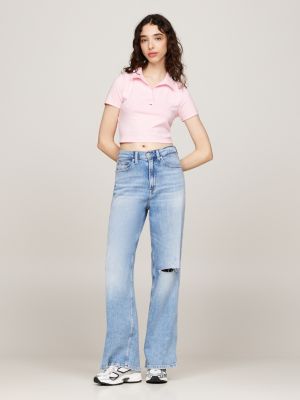 roze cropped slim fit polo met v-hals voor dames - tommy jeans