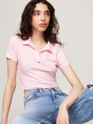 pink cropped v-neck slim polo shirt for women tommy jeans