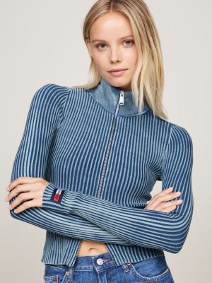 blue two-tone ribbed zip-thru jumper for women tommy jeans