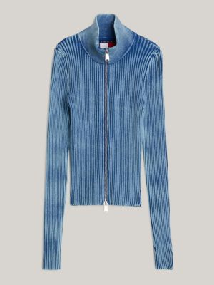 blue two-tone ribbed zip-thru jumper for women tommy jeans