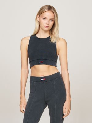 grey ribbed racerback cropped tank top for women tommy jeans