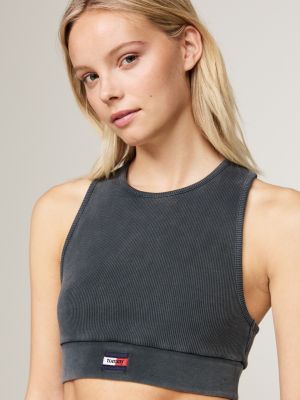 grey ribbed racerback cropped tank top for women tommy jeans