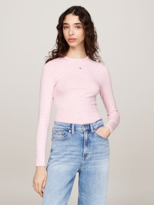 t-shirt ajusté à manches longues et rayures rose pour femmes tommy jeans