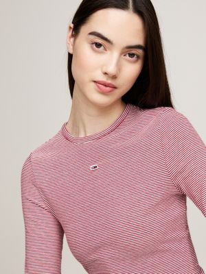 roze gestreept slim fit longsleeve t-shirt voor dames - tommy jeans