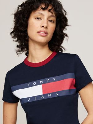 camiseta de corte cropped slim azul de mujeres tommy jeans