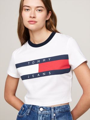 t-shirt ajusté court blanc pour femmes tommy jeans