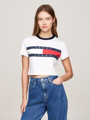 t-shirt crop slim fit white da donne tommy jeans