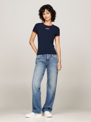 camiseta universitaria de corte slim azul de mujeres tommy jeans