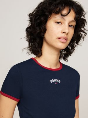 camiseta universitaria de corte slim azul de mujeres tommy jeans