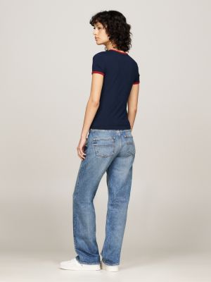 camiseta universitaria de corte slim azul de mujeres tommy jeans