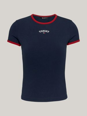 camiseta universitaria de corte slim azul de mujeres tommy jeans