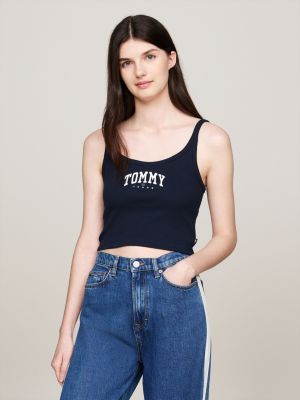 blue varsity ribbed cropped tank top for women tommy jeans