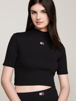 crop top con collo a lupetto e distintivo nero da donne tommy jeans