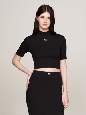 crop top con collo a lupetto e distintivo nero da donne tommy jeans