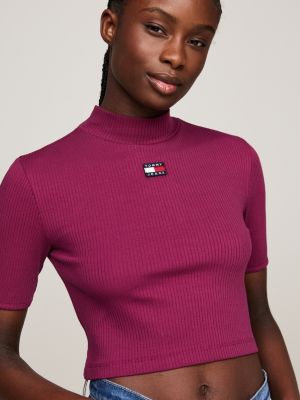 Ribbed Mock Turtleneck Badge Crop Top Purple Tommy Hilfiger