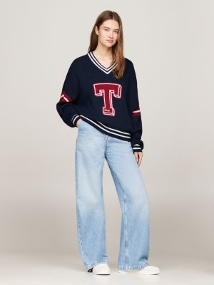 blue claire varsity high rise wide tie hem jeans for women tommy jeans