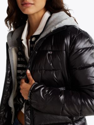 schwarz puffer-jacke mit hochglanz-finish für damen - tommy jeans