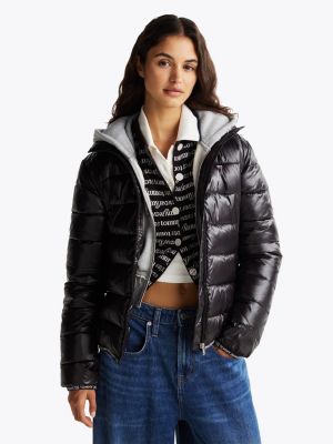 schwarz puffer-jacke mit hochglanz-finish für damen - tommy jeans