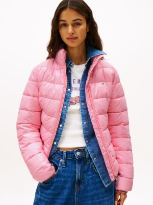 pink high-shine puffer jacket for women tommy jeans