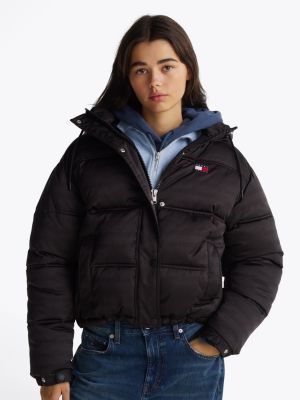 schwarz puffer-jacke mit kapuze und logo-print für damen - tommy jeans