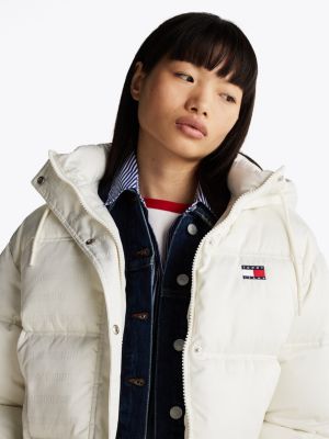 weiß puffer-jacke mit kapuze und logo-print für damen - tommy jeans