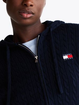 blue cable knit zip-thru sweatshirt for women tommy jeans