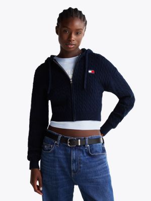 blue cable knit zip-thru sweatshirt for women tommy jeans