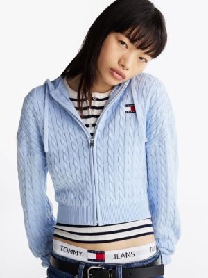 blue cable knit zip-thru sweatshirt for women tommy jeans