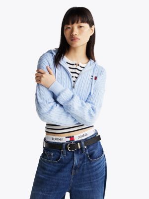 blue cable knit zip-thru sweatshirt for women tommy jeans