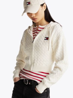 white cable knit zip-thru sweatshirt for women tommy jeans