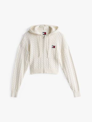 white cable knit zip-thru sweatshirt for women tommy jeans