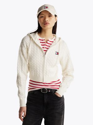 white cable knit zip-thru sweatshirt for women tommy jeans