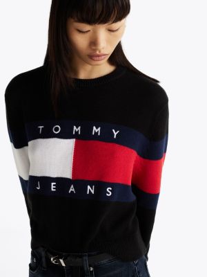 black colour-blocked flag relaxed jumper for women tommy jeans