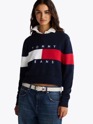 blue colour-blocked flag relaxed jumper for women tommy jeans