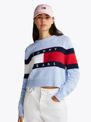 blauw colour-blocked relaxed fit trui met vlag voor dames - tommy jeans